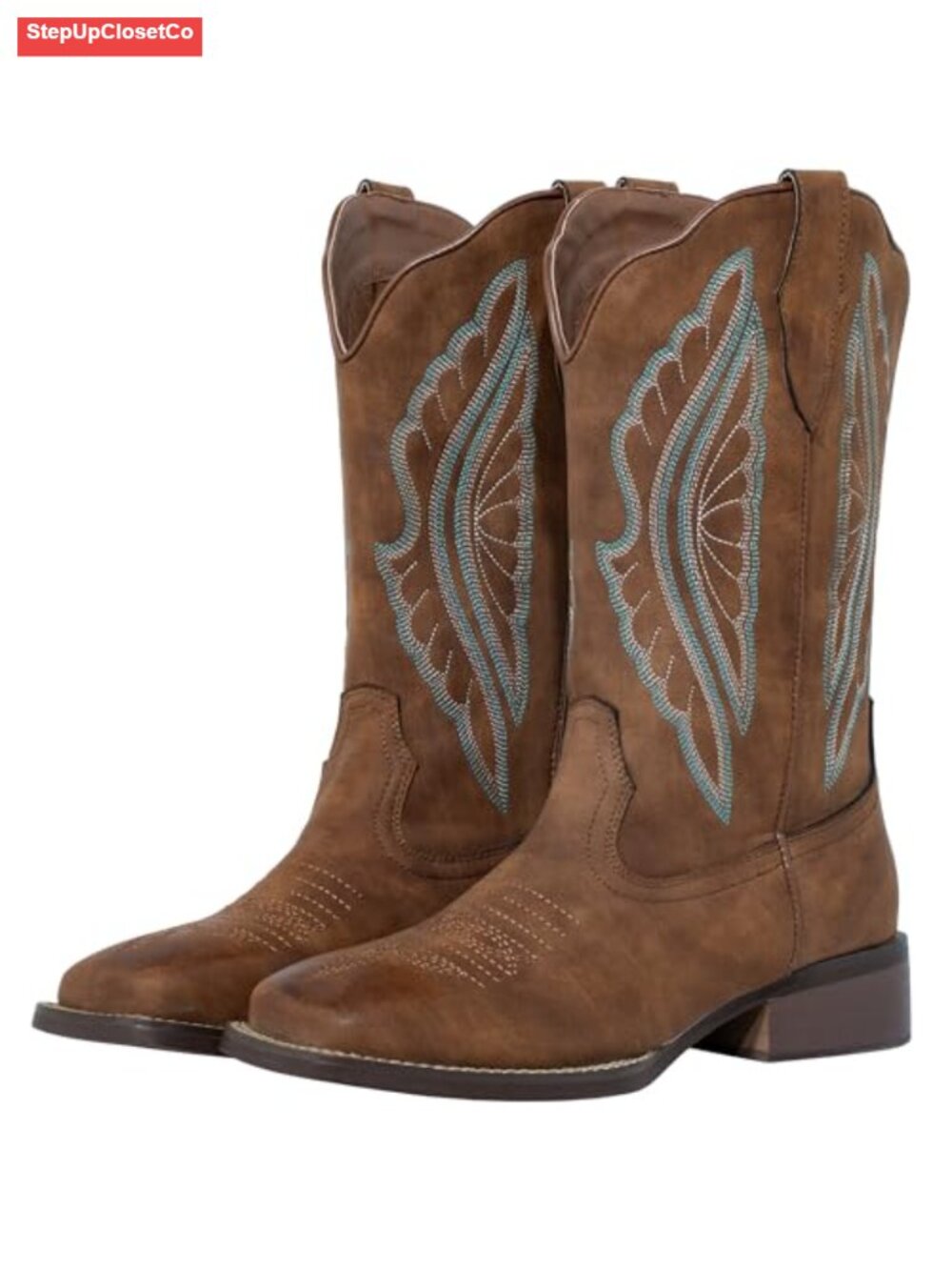 Square Toe Cowgirl Boots Mid Calf Faux Leather Western Boots Embroidered